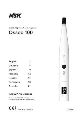 ENGLISH 1. Indications for Use Osseo100 is indicated for measuring the stability of dental implants in the oral cavity or craniofacial region. 2. Intended users Professional health care users and Professional health care facility environments only. Please read the instruction for use before the first usage. 3. Figures and System components Fig 1 Osseo100 Instrument Fig 2 MulTipeg Driver Included in package Fig 3 Example MulTipeg Fig 4 Mains adapter and plugs Fig 5 Measurement position  Included in package Not included, sold separately Included in package Shows how the instrument tip is held towards the MulTipeg during a measurement  4. Specifications Power input: 5VDC, 1 VA Charger input: 100-240 VAC, 5VA Instrument weight: 100g Charger safety class: EN 60601-1 Class II Instrument safety class: EN 60601-1 ME Class II EMC: EN 60601-1-2, class B The instrument is intended for continuous use The instrument contains NiMH batteries. 5. Operating environment Ambient temperature: 16° to 40° C (60°-104° F) Relative humidity: 10% to 80% Rh, non-condensing  Only original parts should be used Power supply: Use only the supplied mains adapter and plugs No user modification of this equipment is allowed  Batteries should be collected separately  6. Transport and storage Ambient temperature: -20° to 40° C (-4°-104° F). Relative humidity: 10%-85% Rh. Atmospheric pressure: 500 hPa- 1060 hPa (0.5-1.0 atm). 7. Symbols  Consult Instructions for Use Magnetic field warning  Rx Only  Autoclavable up to 134° C Manufacturing year  CE mark  Delivered Non-sterile  Caution: Federal law restricts this device to sale by or on the order of a physician or dentist.  Warning  Type BF applied part The instrument and MulTipeg 8. Characteristics Osseo 100 is an instrument for measuring the stability (ISQ) of dental and craniofacial implants. The instrument measures the resonance frequency of a measurement pin “MulTipeg” and presents it as an ISQ value. The ISQ value, 1-99, reflects the stability of the implant – the higher the value, the more stable the implant. The instrument measures the ISQ-value with a precision of +/- 1 ISQ unit. When mounted onto an implant, the MulTipeg resonance frequency can vary up to 2 ISQ units depending on the tightening torque.  Warning: Use of this equipment adjacent to or stacked with other equipment should be avoid because it could result in improper operation. 9. MulTipeg The MulTipeg is made from titanium, and has an integrated grip for the driver on top. Inspect the MulTipeg for damage before use. Damaged MulTipegs should not be used due to the risk of erroneous measurements. There are different MulTipegs available made to fit different implant systems and types. Please refer to the updated list from the supplier.  Measurements should only be performed using the correct MulTipegs. Using the wrong MulTipeg could cause erroneous measurements or damages to the MulTipeg or implant.  The instrument emits short magnetic pulses with pulse duration of 1 ms and strength of +/- 20 gauss, 10 mm from the instrument tip. Precautions might be necessary when using the instrument close to cardiac pacemakers or other equipment sensitive to magnetic fields.  