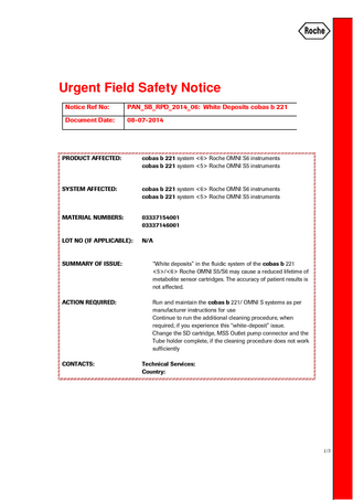 cobas b 221 Urgent Field Safety Notice July 2014