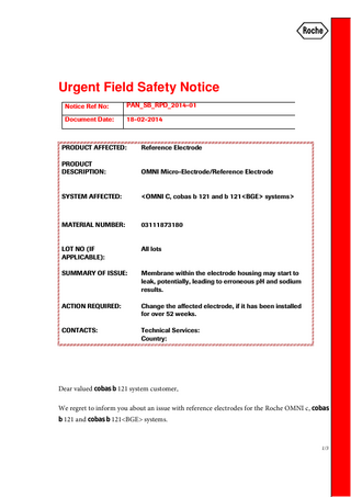OMNI C-cobas b 121 and b 121 BGE Urgent Field Safety Notice Feb 2014