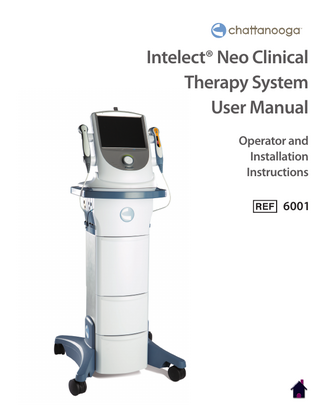 Intelect® Neo Clinical Therapy System  TABLE OF CONTENTS INTRODUCTION... 4 FOREWORD... 4 PRECAUTIONARY INSTRUCTIONS... 4 GENERAL TERMINOLOGY... 5 SYSTEM SOFTWARE SYMBOLS... 5 DESCRIPTION OF DEVICE MARKINGS... 6 INDICATIONS FOR USE... 7 ELECTROTHERAPY INDICATIONS... 7 SEMG & STIM INDICATIONS... 9 ULTRASOUND INDICATIONS... 10 LASER INDICATIONS... 11 DEVICE DESCRIPTION... 12 PRODUCT DESCRIPTION... 12 OPERATOR INTERFACE... 13 GENERAL WARNINGS AND PRECAUTIONS... 14 CAUTION NOTICES... 14 WARNING NOTICES... 15 DANGER NOTICES... 17 DETAIL DEVICE DESCRIPTION... 18 COMPONENTS... 18 MODULE SLOTS... 19 MODULE KIT CONTENTS... 19 ULTRASOUND APPLICATOR... 20 LASER APPLICATOR... 20 PATIENT REMOTE/LASER INTERRUPT SWITCH... 21 SETUP INSTRUCTIONS... 22 HEAD TO CART ASSEMBLY... 22 NEO LEG TO CART ASSEMBLY/ADJUSTMENT... 23 MODULE INSTALLATION... 24 MODULE-SPECIFIC INFORMATION... 25 INSERTING PLUGS... 25 PATIENT REMOTE/LASER INTERRUPT SWITCH INSTALLATION... 26 INSTALLING THE LASER INTERLOCK (DOOR INTERRUPT SWITCH)... 27 THERAPY SYSTEM START-UP... 28 SYSTEM SPECIFICATIONS... 29 SYSTEM SPECIFICATIONS AND DIMENSIONS... 29 POWER (COMBINATION AND ELECTROTHERAPY UNITS)... 29 VACUUM SPECIFICATIONS... 29 GENERAL SYSTEM OPERATING AND STORAGE TEMPERATURE... 29 ULTRASOUND SPECIFICATIONS... 30 LASER SPECIFICATIONS... 30  LASER APPLICATOR TECHNICAL SPECIFICATIONS . 31 LASER PROTECTIVE EYEWEAR SPECIFICATIONS . . . 33 LASER LABELS... 34 WAVEFORMS... 35 PATIENT PREPARATION... 41 ELECTRODE PLACEMENT... 41 DURA-STICK® ELECTRODES... 41 ELECTROTHERAPY PATIENT PREPARATION... 41 IONTOPHORESIS PATIENT PREPARATION... 42 VACUUM ELECTRODE PATIENT PREPARATION... 43 SEMG & STIM PATIENT PREPARATION... 45 LASER PATIENT PREPARATION... 47 ULTRASOUND PATIENT PREPARATION... 47 DEVICE USER INTERFACE... 48 SCREEN DESCRIPTION... 48 HOME SCREEN... 49 UTILITIES AND OPTIONS... 50 TREATMENT SCREENS... 52 CPS (CLINICAL PROTOCOL SETUP)... 53 ELECTROTHERAPY OPERATION... 54 VACUUM OPERATION... 56 SEQUENCING OPERATION... 57 STRENGTH/DURATION (S/D) CURVE... 58 IONTOPHORESIS OPERATION... 59 ULTRASOUND OPERATION... 60 COMBINATION OPERATION... 61 sEMG OPERATION... 63 LASER OPERATION... 64 SAVING TO USB FLASH DRIVE/PATIENT DATA... 66 CUSTOM PROTOCOLS... 67 ANATOMICAL LIBRARY... 70 TROUBLESHOOTING... 71 TROUBLESHOOTING CODES... 71 ACCESSORIES... 74 REPLACEMENT ACCESSORIES... 74 MAINTENANCE... 77 CLEANING THE INTELECT® NEO CLINICAL THERAPY SYSTEM... 77 VACUUM MAINTENANCE... 77 CALIBRATION REQUIREMENTS... 77 DEVICE DISPOSAL... 77 FUSE INFORMATION... 78 INSTRUCTION FOR SOFTWARE UPGRADE... 78 COPY OF MANUAL... 78  1  