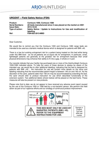 Contoura 1000 and 1080 Urgent Field Safety Notice April 2013