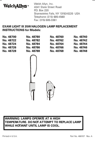 Exam Light III Models 487xx Lamp Replacement Instructions Rev A