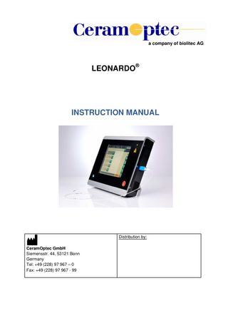 LEONARDO® INSTRUCTION MANUAL  TABLE OF CONTENTS 1  SAFETY PROVISIONS AND REGULATIONS ...6  2  PRODUCT DESCRIPTION ...7  2.1 INTENDED USE AND INDICATIONS ... 7 2.1.1 Recommended lasers for indications ... 8 2.2 CONTRAINDICATIONS ... 9 2.3 SIDE EFFECTS ... 9 3  DESCRIPTION OF THE DEVICE... 10  3.1 CONTROLS AND CONNECTIONS ... 10 3.2 DESCRIPTION OF CONTROLS, DISPLAYS, CONNECTIONS ... 11 3.2.1 Controls ... 11 4  OPERATION ... 15  4.1 PREPARING THE LASER UNIT ... 15 4.1.1 Footswitch ... 16 4.1.2 Door interlock connection scheme ... 16 4.2 SWITCHING ON THE DEVICE ... 17 4.3 SETTINGS AND PARAMETERS FOR ALL TREATMENTS ... 19 4.3.1 Setting language ... 19 4.3.2 Configuring the aiming beam ... 20 4.3.3 Help system ... 21 4.4 EXTRAS ... 23 4.4.1 Info screen ... 23 4.4.2 User administration ... 24 4.4.3 4.4.3 Video display ... 27 4.5 TREATMENT ... 28 4.5.1 Configuring the laser output... 28 4.5.2 Selecting a treatment mode ... 33 4.6 DESCRIPTION OF THE TREATMENT MODES ... 34 4.6.1 Continuous mode CW ... 34 4.6.2 Pulse Mode ... 37 4.6.3 ELVeS® segment mode ... 41 4.6.4 ELVeS® signal mode ... 43 4.6.5 Derma mode (for LEONARDO® Dual 45 only) ... 46 4.7 SWITCHING OFF THE LASER SYSTEM ... 47 4.8 MESSAGES AND POSSIBLE CAUSES ... 48 5  ACCESSORIES ... 50  5.1  SALES PACKAGE FOR THE LASER INCLUDES ... 50  Rev.: F / 26.02.2014  User Manual: LEONARDO®  Page 2 of 70  