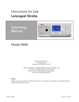 Laryngeal Strobe Model 9400 Instructions For Use Rev F July 2021