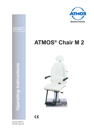 Table of contents  Further information, accessories, consumables and spare parts are available from:  ATMOS  MedizinTechnik GmbH & Co. KG Ludwig-Kegel-Straße 16 79853 Lenzkirch Germany Phone +49 76 53 689-0 Fax: +49 76 53 689-190 +49 76 53 689-493 (Service Centre) atmos@atmosmed.de www.atmosmed.de  2  1.0 1.1 1.2 1.3 1.4 1.5 1.6  Introduction... 3-5 Notes on operating instructions...3 Intended use...3 Function...3 Explanation of pictures and symbols...4 Scope of supply... 5 Transport and storage...5  2.0  For your safety...6  3.0 3.1 3.2 3.2.1 3.3  Setting up and starting up... 7-8 Setting up...7 Starting up...7 Operating elements...7 Electrical connection...8  4.0 4.1 4.2 4.3 4.4 4.5 4.6 5.0 5.1 5.2 5.3 5.4  Operation... 9-12 Positioning the patient...9 Adjusting the seat height...9 Rotating the upper part...9 Adjusting the backrest...9 Adjusting the headrest...10 Removing the foot support...10 Cleaning...11-12 General information on cleaning and disinfection.11 Cleaning and disinfection of the device surface and upholstery...11 Recommended surface disinfectants...12 Recommended upholstery disinfectants...12  6.0 6.1 6.2  Maintenance and Service...13 Replacing the fuse...13 Sending in the device...13  7.0  Troubleshooting...13  8.0 8.1 8.2  Accessories and spare parts...14 Accessories...14 Spare parts...14  9.0  Technical data...15  10.0  Disposal...16  11.0  Notes on EMC... 17-19  