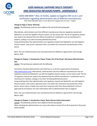 Sapphire Multi-Therapy  and Dedicated Infusion Pumps   Addendum 3 for sw 13.22.1 Rev13 Ver 01 Dec 2018