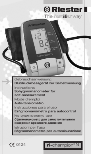 Table of contents  Page  1. 1.1. 1.2.  Introduction Features Important information about self-measurement  21 21  2.  Important information on the subject of blood-pressure and its measurement  22  The various components of the blood-pressure monitor  22  Putting the blood-pressure monitor into operation Inserting the batteries Use of a mains adaptor Tube connection Setup time and date  23 23 24 24  3.  4. 4.1. 4.2. 4.3. 4.4. 5. 5.1. 5.2. 5.3. 5.4. 5.5. 5.6. 5.7.  Carrying out a measurement Before the measurement Common sources of error Fitting the cuff Measuring procedure Memory – displaying the last measurement Discontinuing a measurement Appearance of the Heart Arrhythmia Indicator for early Detection  24 24 25 26 26 26 27  6.  Error messages/malfunctions  27  7.  Care and maintenance, recalibration  28  8.  Technical specifications  31  9.  www.riester.de  31  10.  Warranty  32  3  