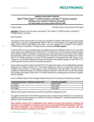 fabian HFO,+nCPAP evolution and Therapy evolution Systems Urgent Field Safety Notice March 2023