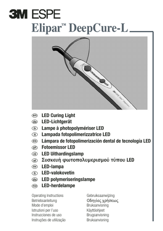 Elipar™ DeepCure-L LED Curing Light  Table of Contents  Page  Safety Instructions  1  Glossary of Symbols  2  Product Description  3  Fields of Application  3  Technical Data Charger Handpiece Charger and Handpiece Transport and Storage Conditions  3 3 3 4 4  Installation of the Unit Factory Settings Initial Steps Charger Light Guide/Handpiece Battery Charging Battery Power Level Display on Handpiece  4 4 4 4 4 4 5  Operation Selection of Exposure Time Activating and Deactivating the Light Inserting and Removing the Light Guide from/into the Handpiece Positioning the Light Guide Testing of Light Intensity Sleep Mode Audible Signals - Handpiece  5 5 6 6 6 6 7 7  Troubleshooting  7  Maintenance and Care Care of the Handpiece Cleaning the Light Guide Clean Handpiece and Glare Shield Storage of the Handpiece during Extended Periods of Non-Use  8 8 8 9 9  Return of Old Electric and Electronic Equipment for Disposal  9  Customer Information Warranty Limitation of Liability  10 10 10  PLEASE NOTE! Prior to installation and start-up of the device, please read these instructions carefully. As with all technical devices, the proper function and safe operation of this device depend on the user’s compliance with the standard safety procedures as well as the specific safety recommendations presented in these Operating Instructions. 1. Use of the device is restricted to trained personnel in accordance with the instructions below. The manufacturer assumes no liability for any damage arising from any other or improper use of this device. 2. The charger must be accessible at all times. Do not use the charger for any use other than the charging of the Elipar™ DeepCure-L handpiece. Disconnect the handpiece from the mains by unplugging the charger from the electrical outlet. Treating patients using the handpiece while it is still connected to the charger is prohibited for safety reasons. Light-curing is possible only if the charger has been disconnected. 3. Use only the charger (AC adapter plug) which is provided with the device. The use of any other charger can result in damage to the battery. 4. CAUTION. Do not stare at source. May be harmful to the eyes. Restrict exposure to the area of the oral cavity in which clinical treatment is intended. Protect patient and user from reflection and intensive scattered light by taking the appropriate precautions, e.g., glare shields, goggles, or coverings. 5. CAUTION! As is the case for all high-intensity lightcuring devices, the high light intensity is accompanied by heat generation on the exposed surface. This heat can result in irreversible damage if there is longer exposure in the proximity of the pulp or soft tissue. The exposure times given in the manufacturer’s instructions must be observed exactly to avoid any such damage. Uninterrupted exposure times of the same tooth surface in excess of 20 seconds and direct contact with oral mucosa or skin must be strictly avoided. Scientists working in this field are in agreement that the irritation caused by heat generated during light curing can be minimized by taking two simple precautions: • Polymerization with external cooling from an air flow • Polymerization at intermittent intervals (e.g., 2 exposures lasting 10 seconds each instead of 1 exposure lasting 20 seconds). 6. Elipar DeepCure-L may be operated only with the supplied light guide or original 3M ESPE Elipar DeepCure-L replacement and accessory light guide. 1  en ENGLISH   Safety Instructions  en ENGLISH   