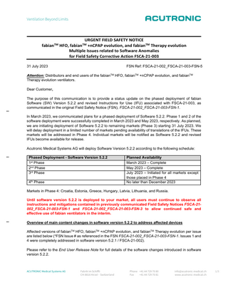 fabian HFO, fabian ,+nCPAP evolution and fabian Therapy evolution Systems Field Safety Notice 