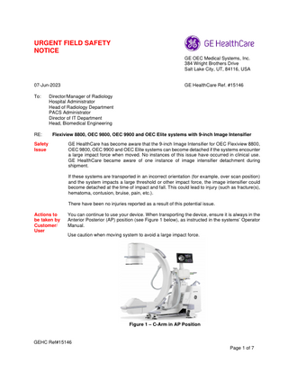 Flexiview 8800 , OEC 9800 , OEC 9900 and OEC Elite Systems Urgent Field Safety Notice 