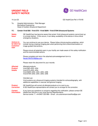 Vivid S60 , S70 , S60N and S70N Systems Urgent Field Safety Notice 