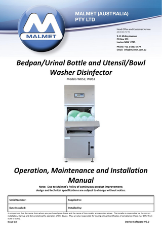 Bedpan / Urinal Bottle and Utensil / Bowl Washer Disinfector Operation , Maintenance and Installation Manual sw V5.0