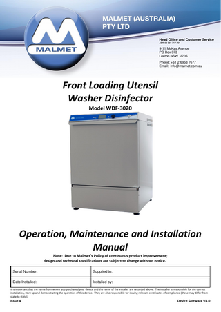 Front Loading Utensil Washer Disinfector Operation , Maintenance and Installation Manual sw V4.0