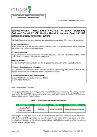 CereLink ICP Monitor Urgent Field Safety Notice 