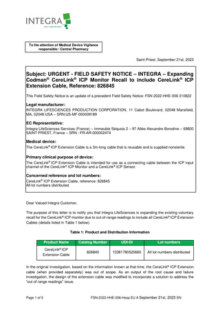 CereLink ICP Monitor Urgent Field Safety Notice 