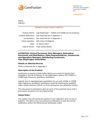 3100A and 3100B Urgent Field Safety Notice March 2013