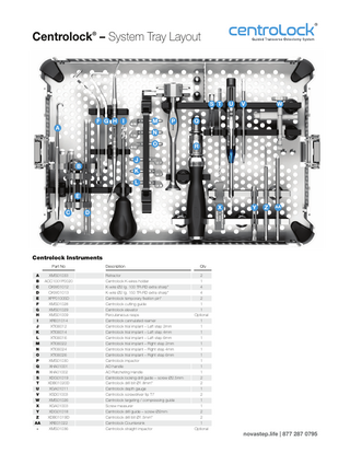 Centrolock® – System Tray Layout  S T F G H I  M  A  P  U  V  W  Q  N O  R  J  B  K L  E C  X  D  Y  Z  AA  Centrolock Instruments Part No A B C D E F G H I J K L M N O P Q R S T U V W X Y Z AA -  XMS01033 ACC1001P0020 CKW01012 CKW01013 XPP01005D XMS01028 XMS01029 XMS01009 XRE01014 XTI06012 XTI06014 XTI06016 XTI06022 XTI06024 XTI06026 XMS01030 XHA01001 XHA01002 XDG01019 XDB01020D XGA01011 XSD01003 XMS01026 XGA01003 XDG01018 XDB01019D XRE01022 XMS01036  Description Retractor Centrolock K-wires holder K-wire Ø2 lg. 100 TR-RD extra sharp* K-wire Ø2 lg. 150 TR-RD extra sharp* Centrolock temporary fixation pin* Centrolock cutting guide Centrolock elevator Percutaneous rasps Centrolock cannulated reamer Centrolock trial implant – Left step 2mm Centrolock trial implant – Left step 4mm Centrolock trial implant – Left step 6mm Centrolock trial implant – Right step 2mm Centrolock trial implant – Right step 4mm Centrolock trial implant – Right step 6mm Centrolock impactor AO handle AO Ratcheting Handle Centrolock locking drill guide – screw Ø2.5mm Centrolock drill bit Ø1.8mm* Centrolock depth gauge Centrolock screwdriver tip T7 Centrolock targeting / compressing guide Screw measurer Centrolock drill guide – screw Ø2mm Centrolock drill bit Ø1.5mm* Centrolock Countersink Centrolock straight impactor  Qty 2 1 4 4 2 1 1 Optional 1 1 1 1 1 1 1 1 1 1 2 2 1 2 1 1 2 2 1 Optional  novastep.life | 877 287 0795  