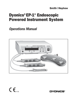 TABLE OF CONTENTS Symbols On  Off  Slower  Faster  Motor Drive Unit  PREFACE This manual provides the information you need to operate and maintain the Dyonics EP-1 Endoscopic Powered Instrument System. It is essential that you read and understand all the information in this manual before using or maintaining the system. INTRODUCTION, INDICATIONS AND CONTRAINDICATIONS Introduction...2 Indications...2 Contraindications...2  Footswitch  WARNINGS AND PRECAUTIONS Warnings...3  Minimum  Cautions...3  SYSTEM COMPONENTS Control Unit Front Panel...4 Maximum  Display and Control Switches...5 Power Switches...6  Speed  Handpiece...7 Footswitch...8  SET UP Set Up...9  Suction Off  Forward  Reverse  <>  Oscillate  ><  Blade Window Lock  IPX8  Watertight equipment per IEC 529.  MAINTENANCE Front Panel Connectors...15 Replacement...15 Handpiece Power Cord...15 Replacement...15 Electrical Interference...16 Environmental Protection...16 Preventative Maintenance...16  TROUBLESHOOTING Troubleshooting...17 Error Codes...18  TECHNICAL SPECIFICATIONS EP-1 Control Unit...19 EP-1 Handpiece...19 EP-1 Hand Control Shaver...19 EP-1 Mini Shaver Handpiece...19 EP-1 Low Profile Footswitch...19 EP-1 Accelerator Footswitch...19 EP-1 Pedal Control Footswitch...19  FIGURES 1  EP-1 Control Unit Front Panel . .4  2  Blade Direction - Forward...5  3  Blade Direction - Reverse...5  4  Blade Direction - Oscillate...5 EP-1 Control Unit Rear Panel . . .6  6  EP-1 Footswitch...8  Precautions...10  7  EP-1 Suction Lever...10  Blade Motor Control...10  8  Mini Motor Suction Lever...10  Suction Control...10  9  Cutting Efficiency with Soft Tissue...11  Blade Selection...11 Blade Window Lock...12 Blade Speed  <<  Footswitch...14  5  Blade Installation...12  >>  Control Unit...14  OPERATION  Type B Equipment  Suction On  Shaver Handpieces...14  Front Panel Connectors...6 Rear Panel...6  CAUTION: See Instructions for Use  CLEANING AND STERILIZATION  10 Cutting Efficiency with Osseous Tissue...11 11 Diagnostic Code Display...17  Forward...13  TABLES  Reverse...13  1  Programmed Blade Speeds . . .11  Oscillate...13  2  Dyonics EP-1 Diagnostic Codes...18  DYONICS® EP-1® ENDOSCOPIC POWERED INSTRUMENT SYSTEM OPERATIONS MANUAL  1  