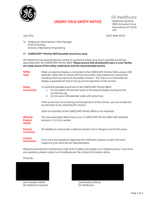CARESCAPE B650 Urgent Field Safety Notice July 2014