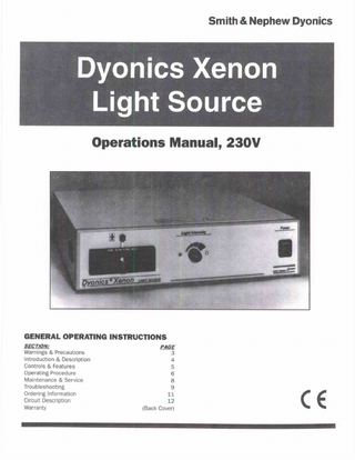 DYONICS Xenon Light Ref 7205070 Operations Manual