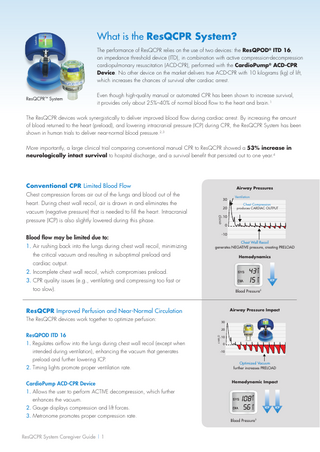 What is the ResQCPR System? The performance of ResQCPR relies on the use of two devices: the ResQPOD® ITD 16, an impedance threshold device (ITD), in combination with active compression-decompression cardiopulmonary resuscitation (ACD-CPR), performed with the CardioPump® ACD-CPR Device. No other device on the market delivers true ACD-CPR with 10 kilograms (kg) of lift, which increases the chances of survival after cardiac arrest. ResQCPR™ System  Even though high-quality manual or automated CPR has been shown to increase survival, it provides only about 25%–40% of normal blood flow to the heart and brain.1  The ResQCPR devices work synergistically to deliver improved blood flow during cardiac arrest. By increasing the amount of blood returned to the heart (preload), and lowering intracranial pressure (ICP) during CPR, the ResQCPR System has been shown in human trials to deliver near-normal blood pressure.2,3 More importantly, a large clinical trial comparing conventional manual CPR to ResQCPR showed a 53% increase in neurologically intact survival to hospital discharge, and a survival benefit that persisted out to one year.4  Airway Pressures Airway Pressures During Conventional CPR an  30 20  Ventilation  30  Chest Compression produces CARDIAC OUTPUT  20  10  cmH2O  cmH2O  Conventional CPR Limited Blood Flow Chest compression forces air out of the lungs and blood out of the heart. During chest wall recoil, air is drawn in and eliminates the vacuum (negative pressure) that is needed to fill the heart. Intracranial pressure (ICP) is also slightly lowered during this phase.  0  1. Air rushing back into the lungs during chest wall recoil, minimizing  ChestWall WallRecoil Recoil Chest generates NEGATIVE pressure, PRELOAD generates NEGATIVE pressure, creating creating PRELOAD  the critical vacuum and resulting in suboptimal preload and  Hemodynamics  cardiac output. 2. Incomplete chest wall recoil, which compromises preload. 3. CPR quality issues (e.g., ventilating and compressing too fast or  ICP  too slow).  Blood Pressure5  Airway Pressure Impact ResQCPR Improved Perfusion and Near-Normal Circulation Airway Pressures During Conventional CPR and CPR with the ResQCPR System ICP  The ResQCPR devices work together to optimize perfusion: Ventilation 30 Chest Compression creates POSITIVE PRESSURE that produces CARDIAC OUTPUT  cmH2O  ResQPOD ITD 16 10 1. Regulates airflow into the lungs during chest wall recoil 0 (except when intended during ventilation), enhancing the vacuum -10 that generates Chest Wall Recoil preload and further lowering ICP. generates NEGATIVE PRESSURE that refills the heart, creating PRELOAD 2. Timing lights promote proper ventilation rate. CardioPump ACD-CPR Device 1. Allows the user to perform ACTIVE decompression, which further enhances the vacuum. 2. Gauge displays compression and lift forces. 3. Metronome promotes proper compression rate.  ResQCPR System Caregiver Guide | 1  30 20 cmH2O  20  0  -10  -10  Blood flow may be limited due to:  10  10 0  -10 Optimized Vacuum Optimized Vacuum further increases PRELOAD further increases PRELOAD  ICP  Hemodynamic Impact  ICP  Blood Pressure3  ICP  ICP  