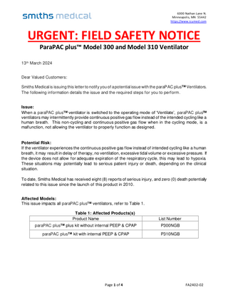 ParaPAC plus Model 300 and 310 Urgent Field Safety Notice 