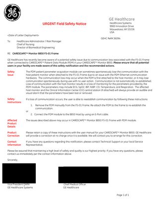 CARESCAPE B650 Urgent Field Safety Notice