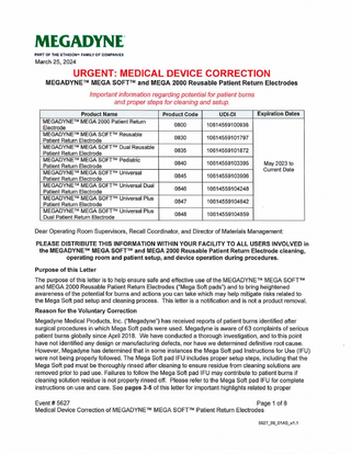 MEGA SOFT and MEGA 2000 Reusable Patient Return Electrodes Urgent Medical Device Correction