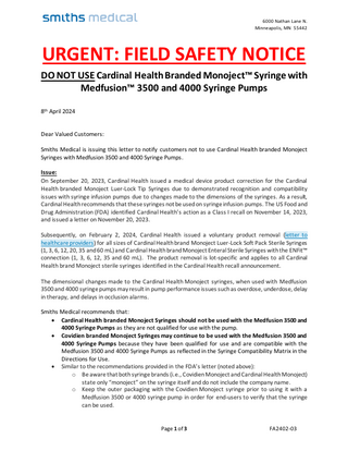 Cardinal Monoject Syringes Urgent Field Safety Notice 