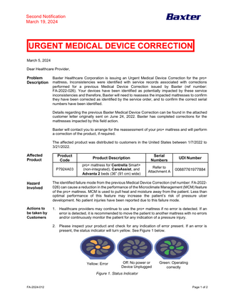 pro+ mattress for Centrella Smart+ , CareAssist, and Advanta 2 beds Urgent Medical Device Correction