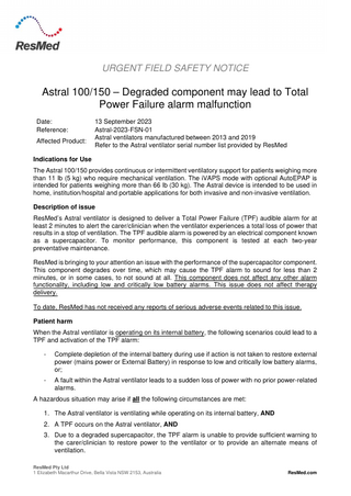Astral 100 / 150 Urgent Field safety Notice 