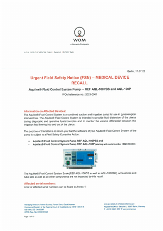 Aquilex Fluid Control System Pump Urgent Field Safety Notice 
