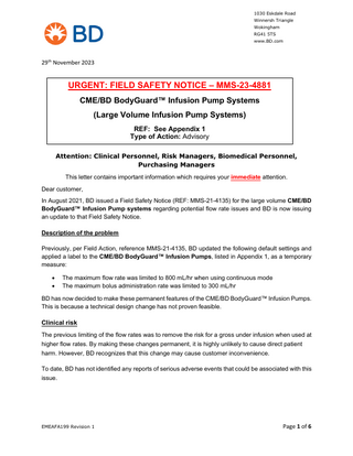 CME/BD BodyGuard Infusion Pumps Systems Urgent Field Safety Notice 