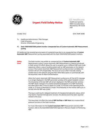 Dash 3000-4000and 5000 Urgent Field Safety Notice Oct 2012