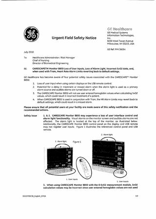 CARESCAPE B850 Urgent Field Safety Notice July 2010