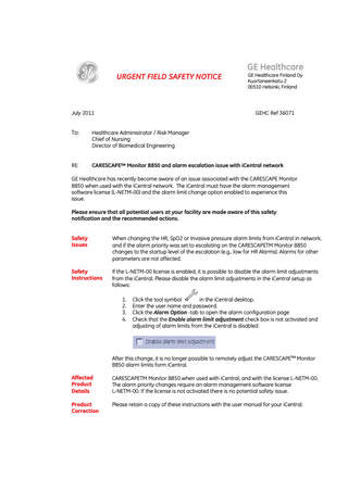 CARESCAPE B850 Monitors used with iCentral Urgent Field Safety Notice July 2011