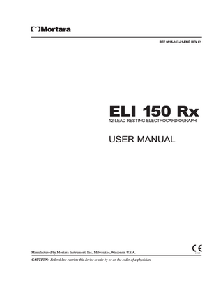 TABLE OF CONTENTS  INTRODUCTION SECTION 1 Manual Purpose... 1 Audience... 1 Indications for Use... 1 System Description... 2 Figure 1-1, ELI 150 Rx System Illustration...2 Figure 1-2, ELI 150 Rx Left Side...3 Figure 1-3, ELI 150 Rx Rear...3 Figure 1-4, ELI 150 Rx Base...4 Figure 1-5, ELI 150 Rx Display and Keyboard...5 Automatic Feature Keys... 5 Display Overview... 6 Figure 1-6, ELI 150 Rx Display...6 Function Keys... 6 ELI 150 Rx Specifications...7 Accessories... 8  EQUIPMENT PREPARATION SECTION 2 Section Purpose... 9 Connecting the Patient Cable... 9 Loading Paper... 10 Applying Power... 11 Setting Time, Date, and LCD Contrast... 11  RECORD AN ECG SECTION 3 Section Purpose... 13 Patient Preparation... 13 Preparing Patient Skin... 13 Patient Hookup... 14 Patient Hookup Summary Table... 16 Patient Demographic Entry... 17 Auto-Fill ID... 17 ECG Acquisition, Printing, Storage... 18 Acquisition... 18 Printing... 19 Storage... 19 Acquiring Rhythm Strips... 20 Optional Bar Code Scanner... 21  xix  