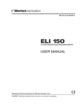 TABLE OF CONTENTS  INTRODUCTION SECTION 1 Manual Purpose... 1-1 Audience... 1-1 Indications for Use... 1-1 Conventions Used in the User’s Manual... 1-1 Chapter Purpose... 1-1 System Description... 1-2 Figure 1-1, System Illustration... 1-2 System Layout... 1-3 Figure 1-2, ELI 150 Left Side... 1-3 Figure 1-3, ELI 150 Rear... 1-3 Figure 1-4, ELI 150 Base... 1-4 Figure 1-5, ELI 150 Display and Keyboard... 1-5 Automatic Feature Keys... 1-5 ELI 150 Specifications... 1-6  GETTING STARTED SECTION 2 Chapter Purpose... 2-1 Equipment Set-Up... 2-1 Load Paper... 2-1 Apply Power... 2-2 Set Time/Date... 2-2 Patient Preparation... 2-4 Patient Hookup... 2-4 Real Time ECG View... 2-5  SYSTEM SETTINGS SECTION 3 Chapter Purpose... 3-1 Access Configuration Menus... 3-1 Summary of Configuration Menus... 3-3 Configuration Page 1... 3-5 Configuration Page 2... 3-7 Configuration Page 3... 3-10 Configuration Page 4... 3-12 Configuration Page 5... 3-13 Configuration Page 6... 3-14  xv  