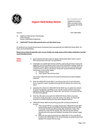 CARESCAPE B850 Urgent Field Safety Notice July 2012