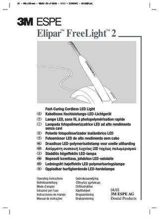 Safety  ENGLISH ™  Elipar FreeLight 2 Fast-Curing Cordless LED Light Table of Contents Safety Glossary of Symbols Product Description Fields of Application Technical Data Charger Handpiece Charger and Handpiece Transport and Storage Conditions Installation of the Unit Factory Settings Initial Steps Charger Light Guide/Handpiece Insert the battery Battery Charging LED Display of the Charger Table Holder for the Handpiece Operation Selection of Exposure Mode Selection of Exposure Time Activating and Deactivating the Light Positioning the Light Guide Removing and Inserting the Light Guide from/into the Handpiece Measurement of Light Intensity Low Battery Charge Display Power-Down Mode Acoustical Signals - Handpiece Acoustical Signals - Charger Troubleshooting Maintenance and Care Replacement of the Battery Handpiece/Battery Care Cleaning the Light Guide Clean Charger, Handpiece,Table Holder, and Glare Shield Storage of the Handpiece during Extended Periods of Non-Use Disposal Customer Information Warranty Limitation of Liability  Page 1 2 3 3 3 3 3 3 4 4 4 4 4 4 4 4 4 5 5 5 5 5 5 6 6 6 6 6 7 7 7 7 7 8 8 8 8 8 8 8  PLEASE NOTE! Prior to installation and start-up of the unit, please read these instructions carefully! As with all technical devices, the proper function and safe operation of this unit depend on the user’s compliance with the standard safety procedures as well as the specific safety recommendations presented in these Operating Instructions. 1. The unit must be used in strict accordance with the following operating instructions. The manufacturer assumes no liability for any damage resulting from the use of this unit for any other purpose. 2. Prior to start-up of the unit make sure that the operating voltage stated on the rating plate is compatible with the available mains voltage. Operation of the unit at a different voltage may damage the unit. 3. The light must not be aimed at the eyes in order to avoid serious health consequences due to irradiation of the eyes. Exposure must be restricted to the area of the oral cavity in which clinical treatment is intended. 4. CAUTION! The Elipar FreeLight 2 unit generates high intensity light. The light emitted should be aimed directly above the material to be cured - exposure of the soft tissues (gingiva, oral mucosa, and skin) to high-intensity light should be avoided as such exposure may cause damage or irritation. If applicable, cover such areas. If exposure of soft tissues cannot be avoided, adjust the polymerization process to the light level, e.g. by shortening the polymerization times or increasing the distance between the light guide exit and the material to be cured. 5. Condensation resulting from the unit being transferred from a cold to a warm environment may be a potential risk. Hence, the unit should be turned on only after it is completely equilibrated to ambient temperature. 6. In order to avoid electric shock do not introduce any objects into the unit with the exception of replacement parts handled in accordance with the Operating Instructions. 7. Use original 3M ESPE parts exclusively to replace defective parts in accordance with these Operating Instructions. The product’s warranty does not cover any damage resulting from the use of third-party replacement parts. 8. Should you have any reason to suspect the safety of the unit to be compromised, the unit must be taken out of operation and labeled accordingly to prevent third parties from inadvertently using a possibly defective unit. Safety may be compromised, e.g. if the unit malfunctions or is noticeably damaged. 1  ENGLISH  SEITE 1 - 148 x 210 mm - 196/0/-/51+ F - SCHWARZ - 03-0288 (sr)  