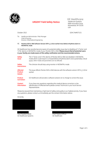 PROCARE B20 or B40 Urgent Field Safety Notice Oct 2012