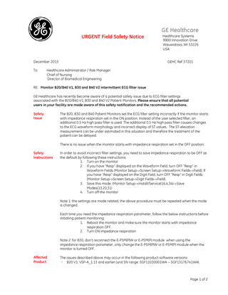 PROCARE B20-B30-B40 Urgent Field Safety Notice Dec 2013