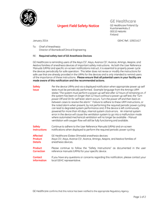 GE Anesthesia Devices Urgent Field Safety Notice Jan 2014