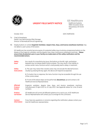 GE Anesthesia Devices Urgent Field Safety Notice Oct 2013
