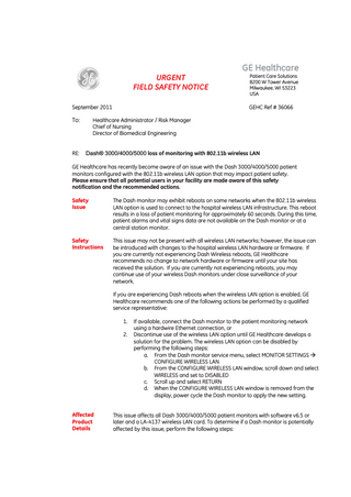 Dash 3000-4000 and 5000 Urgent Field Safety Notice Sept 2011