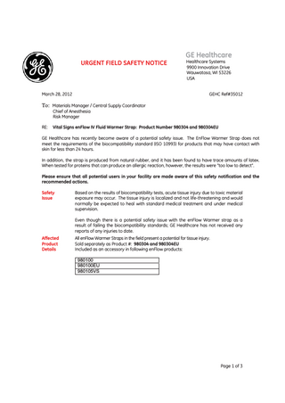 enFlow Warmer Model 100 Urgent Field Safety Notice March 2012
