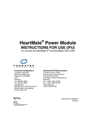 HeartMate Power Module Instructions For Use Rev C July 2010
