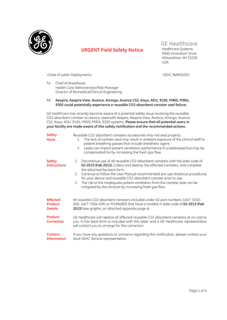 GE Anesthesia Devices Urgent Field Safety Notice