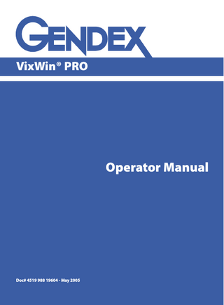 VixWin® PRO  Table of contents  1  Overview 1.1  2  3  3  Explanation of symbols ... 4  Installation, configuration and preferences  5  2.1  Software Installation ... 5  2.2  Configuration and preferences ... 6 2.2.1 Language... 6 2.2.2 Preferences (default settings) ... 7 2.2.3 Automatic image treatments ... 9 2.2.4 Magnification factors ...10 2.2.5 Plug-ins...10  2.3  Instructions for installation with special hardware...11  Operation  13  3.1  General features...13  3.2  Toolbar, Toolbox & Status bar...14  3.3  Organizing Patient Files ...15  3.4  Assigning Images to Patients...16  3.5  Loading Patient Images ...16  3.6  DICOM DIR ...18  3.7  Full Mouth operation ...19  3.8  Acquiring Images by Scanning Imaging Plates with DenOptix ...21  3.9  Acquiring images with the VisualiX / GX-S sensor...23  3.10 Acquiring images with the KaVo Dig eXam sensor...23 3.11 Acquiring images with Orthoralix DPI & DDE series...23 3.12 Annotations...23 3.13 Magnify/Spotlight ...24  Operator Manual  1  Doc # 4519 988 19604 - May 2005  